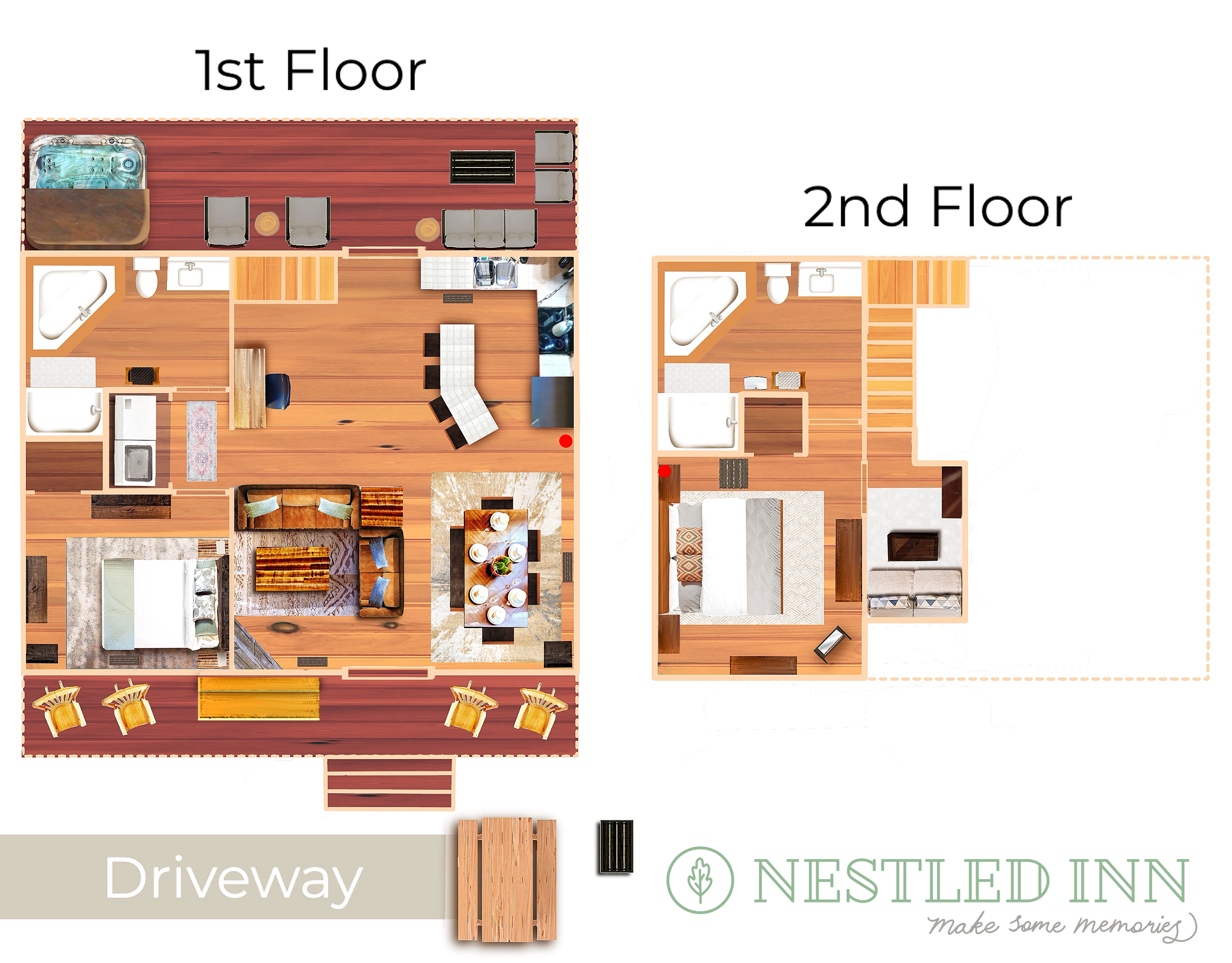 Nestled Inn Cabin floor plan showing 2 bedrooms, 2 bathrooms, living area, and kitchen layout