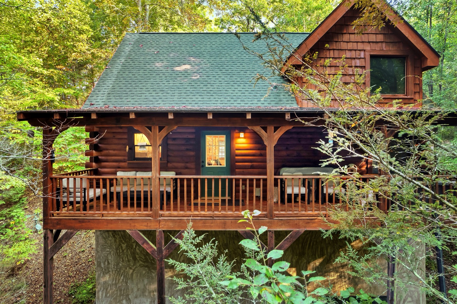 Cozy cabin interior with fireplace