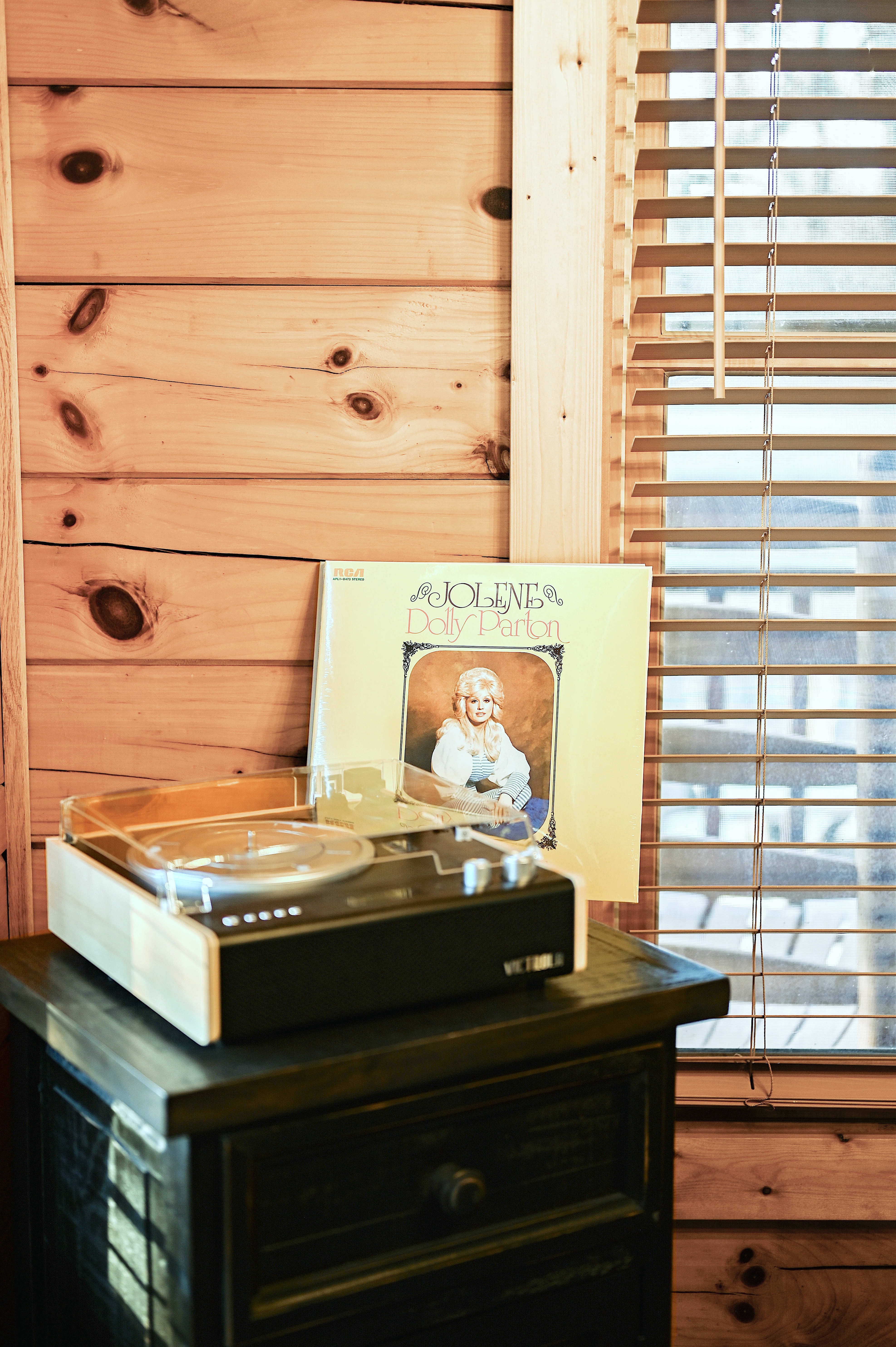 Vintage record player with Dolly Parton vinyl